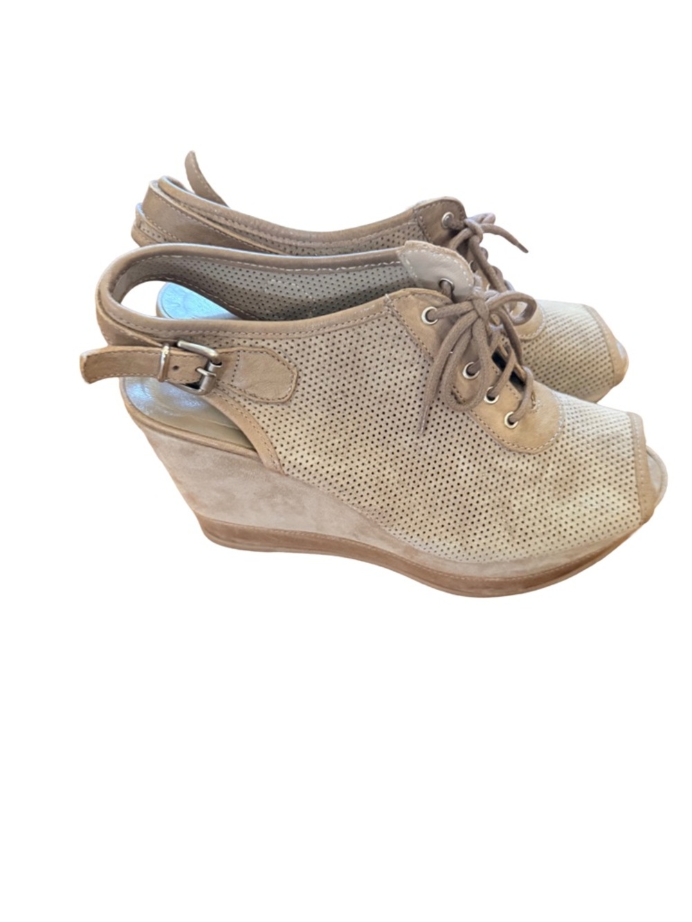 Cordani Suede Peep-Toe Wedge Sandals in Beige